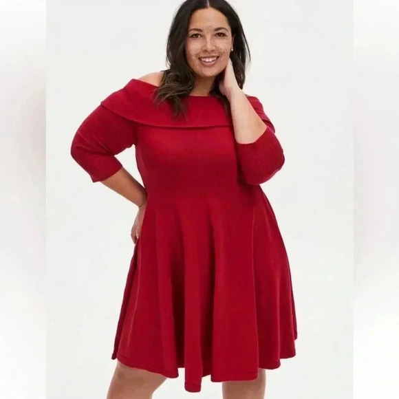 Torrid Valentine Red Knit Off the Shoulder Dress 00 - Picture 1 of 6